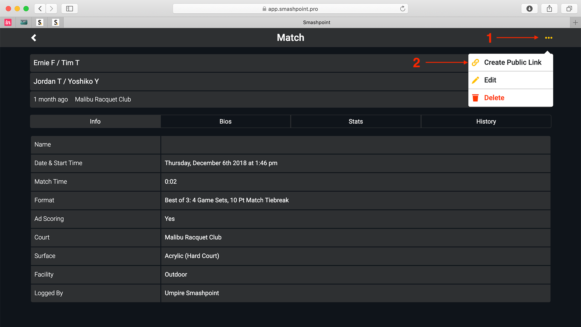 Create a public link for a match result